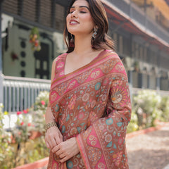 Copper Brown Handloom Cotton-Linen Saree with Floral Motifs and Vibrant Pink Accents