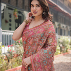 Copper Brown Handloom Cotton-Linen Saree with Floral Motifs and Vibrant Pink Accents