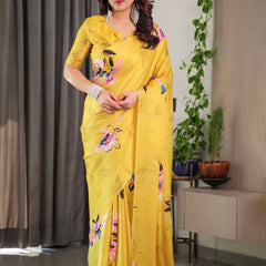 Sunshine Yellow Floral Satin Georgette Saree with Multicolor Watercolour Flowers & Designer Back-Knot Blouse