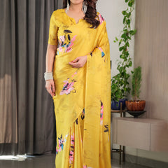 Sunshine Yellow Floral Satin Georgette Saree with Multicolor Watercolour Flowers & Designer Back-Knot Blouse
