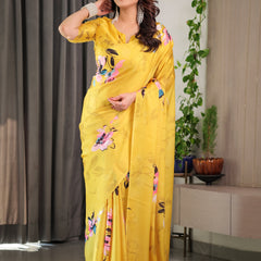 Sunshine Yellow Floral Satin Georgette Saree with Multicolor Watercolour Flowers & Designer Back-Knot Blouse