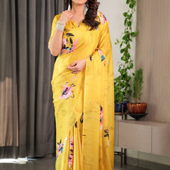 Sunshine Yellow Floral Satin Georgette Saree with Multicolor Watercolour Flowers & Designer Back-Knot Blouse