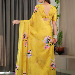 Sunshine Yellow Floral Satin Georgette Saree with Multicolor Watercolour Flowers & Designer Back-Knot Blouse