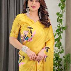 Sunshine Yellow Floral Satin Georgette Saree with Multicolor Watercolour Flowers & Designer Back-Knot Blouse
