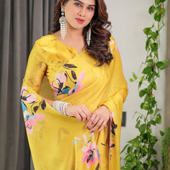 Sunshine Yellow Floral Satin Georgette Saree with Multicolor Watercolour Flowers & Designer Back-Knot Blouse