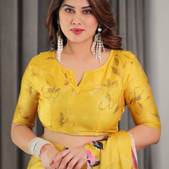 Sunshine Yellow Floral Satin Georgette Saree with Multicolor Watercolour Flowers & Designer Back-Knot Blouse