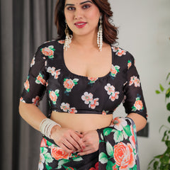 Black Floral Satin Georgette Saree with Multicolor Rose Print & Designer Tie-Back Blouse – Premium Soft Draping Saree