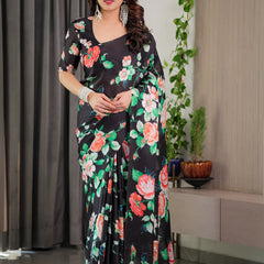 Black Floral Satin Georgette Saree with Multicolor Rose Print & Designer Tie-Back Blouse – Premium Soft Draping Saree