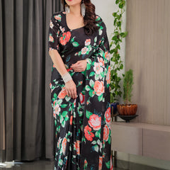 Black Floral Satin Georgette Saree with Multicolor Rose Print & Designer Tie-Back Blouse – Premium Soft Draping Saree