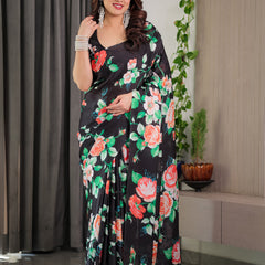 Black Floral Satin Georgette Saree with Multicolor Rose Print & Designer Tie-Back Blouse – Premium Soft Draping Saree