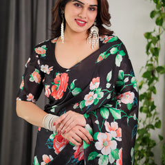 Black Floral Satin Georgette Saree with Multicolor Rose Print & Designer Tie-Back Blouse – Premium Soft Draping Saree