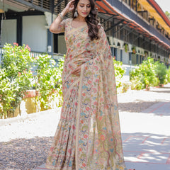 Ivory Beige Handloom Cotton Saree with Multicolor Floral & Peacock Tree of Life Pallu
