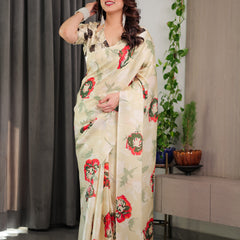 Cream Floral Satin Georgette Saree with Red & Green Artistic Flower Print and Designer Contrast Blouse