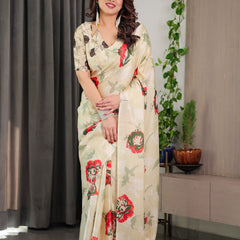 Cream Floral Satin Georgette Saree with Red & Green Artistic Flower Print and Designer Contrast Blouse