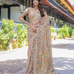 Ivory Beige Handloom Cotton Saree with Multicolor Floral & Peacock Tree of Life Pallu