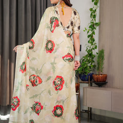 Cream Floral Satin Georgette Saree with Red & Green Artistic Flower Print and Designer Contrast Blouse