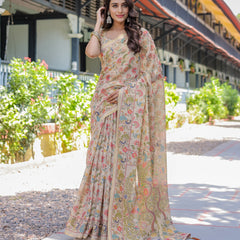 Ivory Beige Handloom Cotton Saree with Multicolor Floral & Peacock Tree of Life Pallu