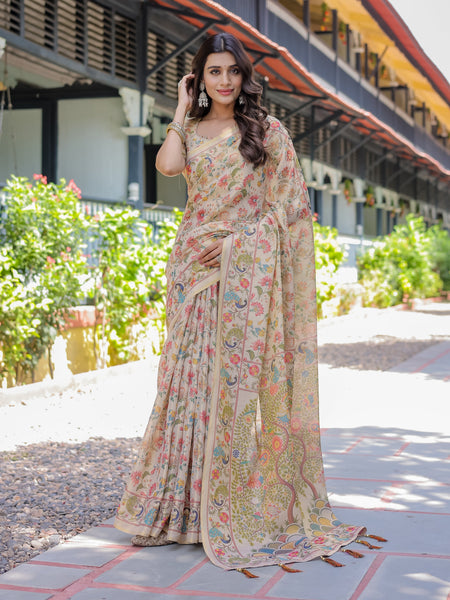 Ivory Beige Handloom Cotton Saree with Multicolor Floral & Peacock Tree of Life Pallu