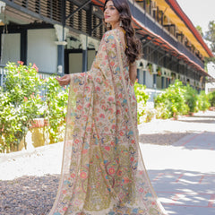 Ivory Beige Handloom Cotton Saree with Multicolor Floral & Peacock Tree of Life Pallu