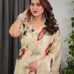 Cream Floral Satin Georgette Saree with Red & Green Artistic Flower Print and Designer Contrast Blouse
