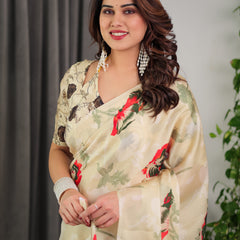 Cream Floral Satin Georgette Saree with Red & Green Artistic Flower Print and Designer Contrast Blouse
