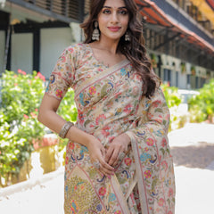 Ivory Beige Handloom Cotton Saree with Multicolor Floral & Peacock Tree of Life Pallu