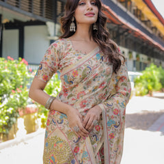 Ivory Beige Handloom Cotton Saree with Multicolor Floral & Peacock Tree of Life Pallu