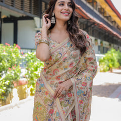Ivory Beige Handloom Cotton Saree with Multicolor Floral & Peacock Tree of Life Pallu