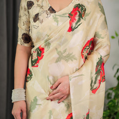 Cream Floral Satin Georgette Saree with Red & Green Artistic Flower Print and Designer Contrast Blouse