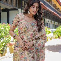 Ivory Beige Handloom Cotton Saree with Multicolor Floral & Peacock Tree of Life Pallu