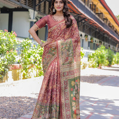 Maroon Handloom Cotton Saree with Intricate Peacock & Floral Art – Contrast Green Pallu