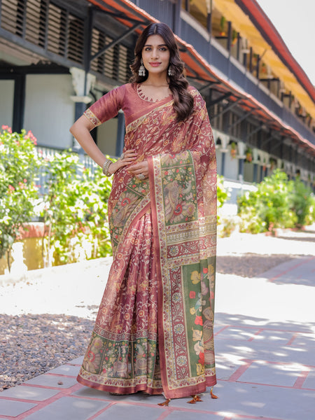 Maroon Handloom Cotton Saree with Intricate Peacock & Floral Art – Contrast Green Pallu