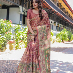 Maroon Handloom Cotton Saree with Intricate Peacock & Floral Art – Contrast Green Pallu