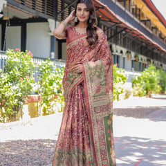 Maroon Handloom Cotton Saree with Intricate Peacock & Floral Art – Contrast Green Pallu
