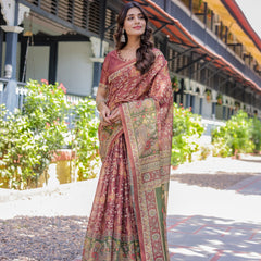 Maroon Handloom Cotton Saree with Intricate Peacock & Floral Art – Contrast Green Pallu