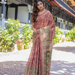 Maroon Handloom Cotton Saree with Intricate Peacock & Floral Art – Contrast Green Pallu