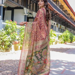 Maroon Handloom Cotton Saree with Intricate Peacock & Floral Art – Contrast Green Pallu