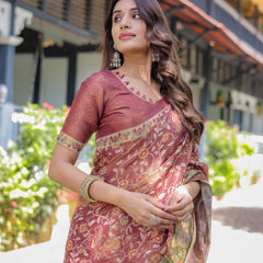 Maroon Handloom Cotton Saree with Intricate Peacock & Floral Art – Contrast Green Pallu