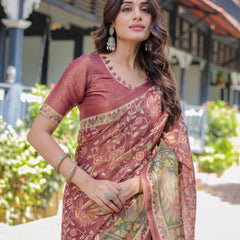 Maroon Handloom Cotton Saree with Intricate Peacock & Floral Art – Contrast Green Pallu