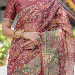 Maroon Handloom Cotton Saree with Intricate Peacock & Floral Art – Contrast Green Pallu