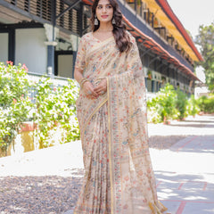 Ivory Cream Handloom Cotton Saree with Peacock & Floral Digital Print