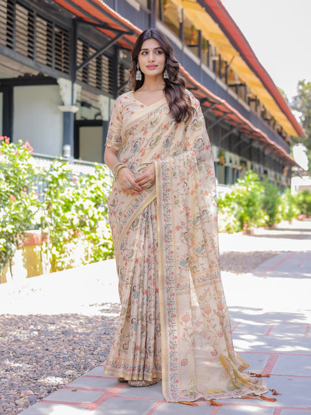Ivory Cream Handloom Cotton Saree with Peacock & Floral Digital Print