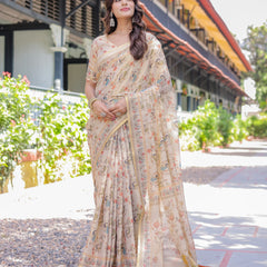 Ivory Cream Handloom Cotton Saree with Peacock & Floral Digital Print