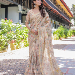 Ivory Cream Handloom Cotton Saree with Peacock & Floral Digital Print