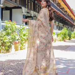 Ivory Cream Handloom Cotton Saree with Peacock & Floral Digital Print