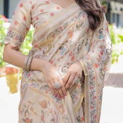 Ivory Cream Handloom Cotton Saree with Peacock & Floral Digital Print