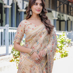 Ivory Cream Handloom Cotton Saree with Peacock & Floral Digital Print