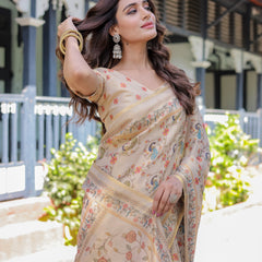 Ivory Cream Handloom Cotton Saree with Peacock & Floral Digital Print