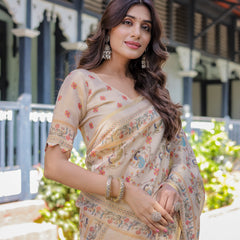 Ivory Cream Handloom Cotton Saree with Peacock & Floral Digital Print