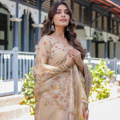 Ivory Cream Handloom Cotton Saree with Peacock & Floral Digital Print